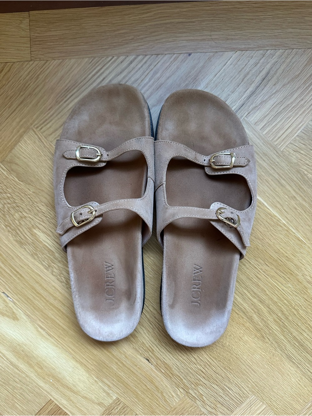 J. Crew Taupe Suede Double-Buckle Slide Sandals with Gold Buckles